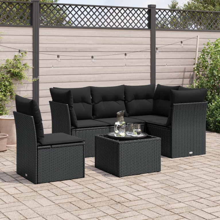 6-delige Loungeset met kussens poly rattan zwart