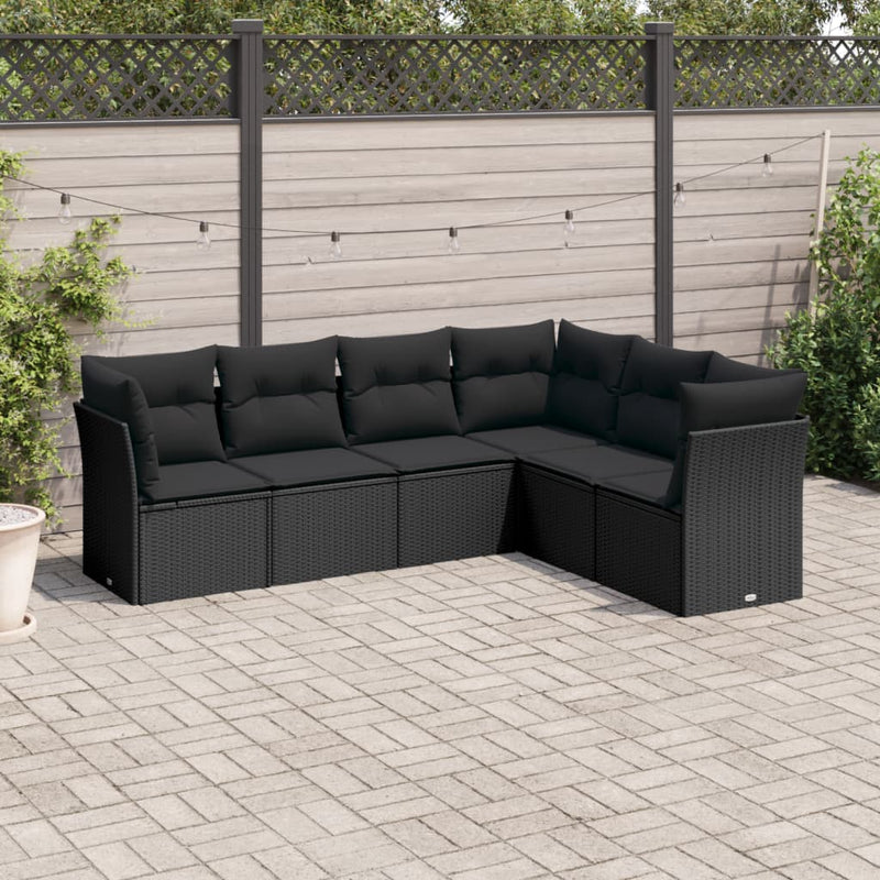 6-delige Loungeset met kussens poly rattan zwart
