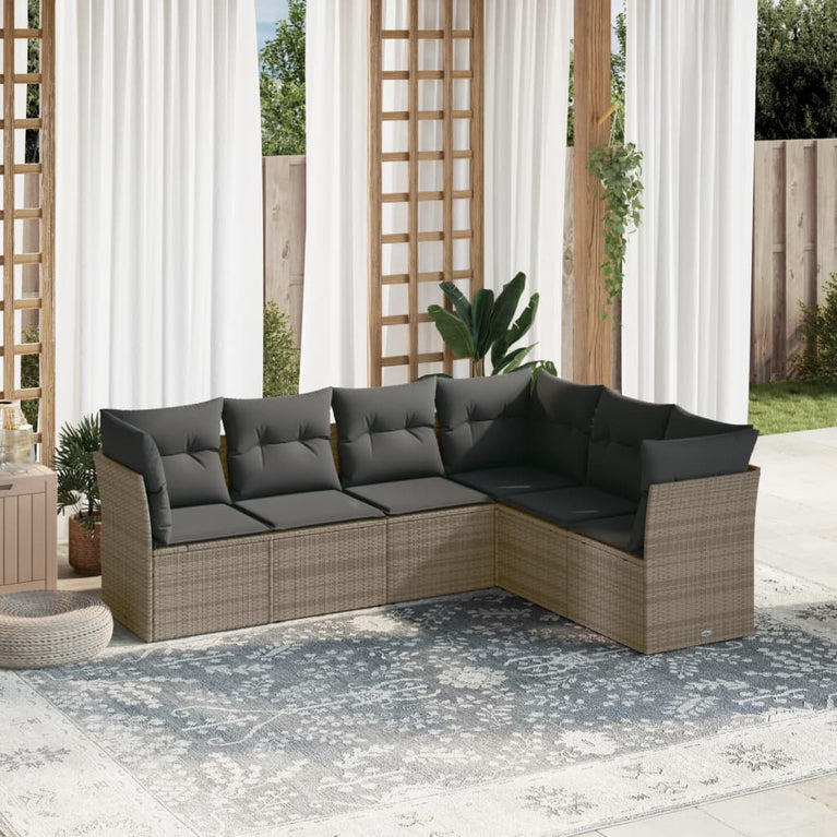 6-delige Loungeset met kussens poly rattan grijs