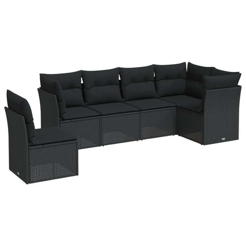 6-delige Loungeset met kussens poly rattan zwart