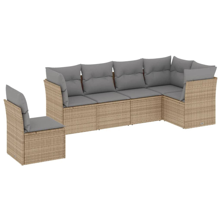 6-delige Loungeset met kussens poly rattan beige