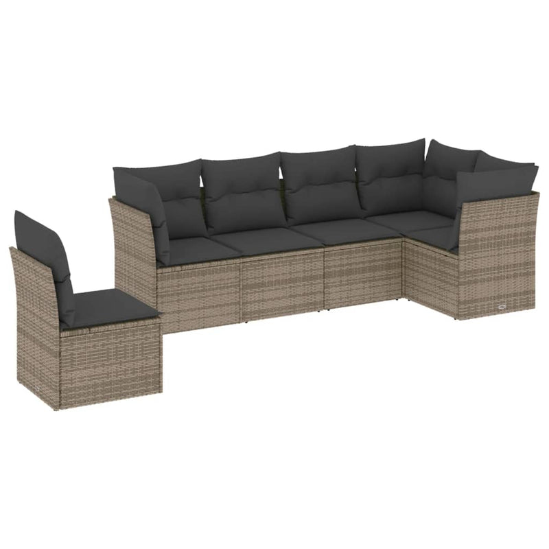 6-delige Loungeset met kussens poly rattan grijs