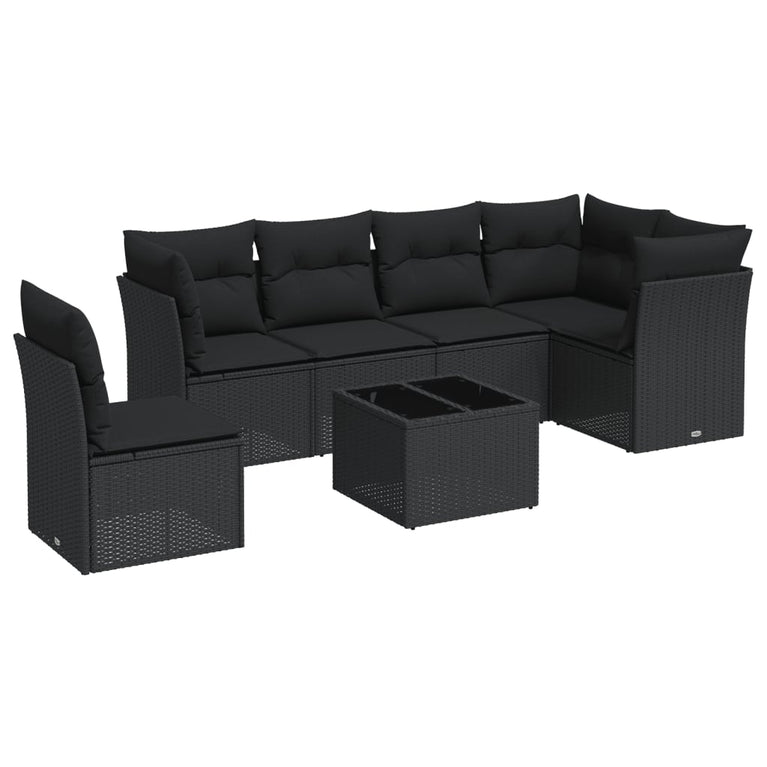 7-delige Loungeset met kussens poly rattan zwart