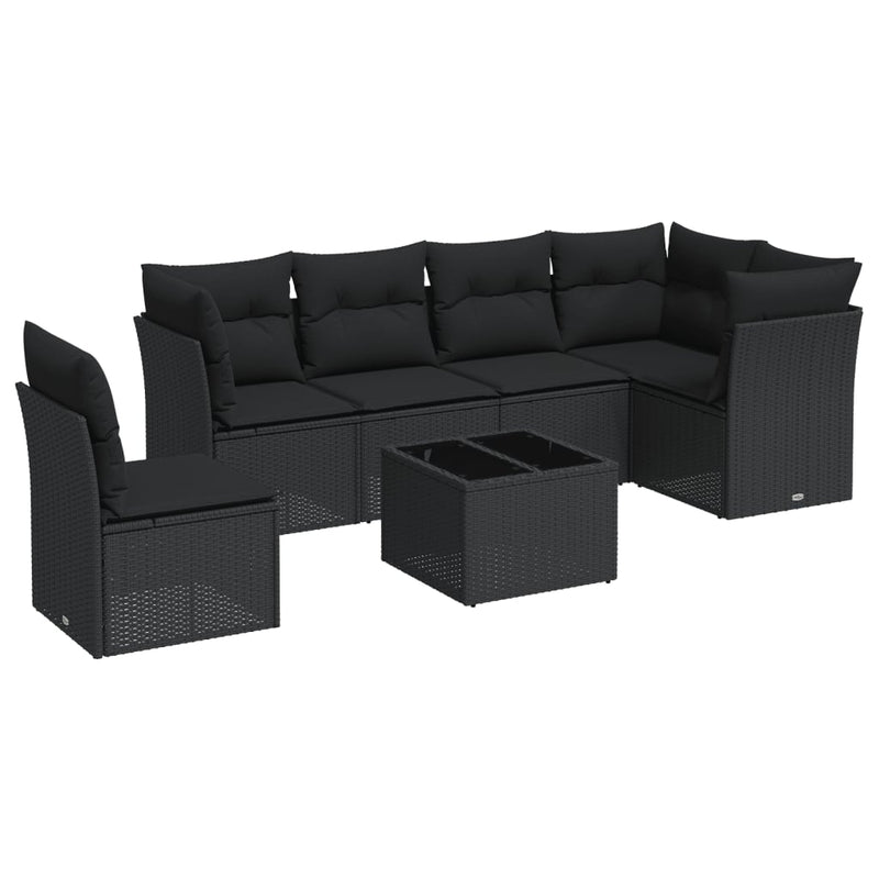 7-delige Loungeset met kussens poly rattan zwart