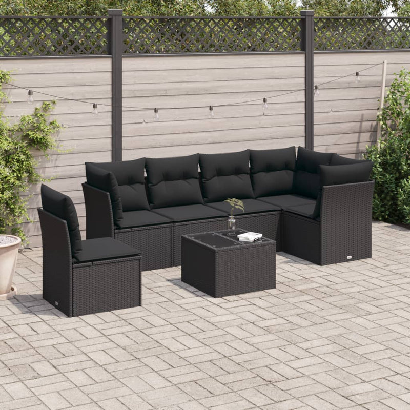 7-delige Loungeset met kussens poly rattan zwart