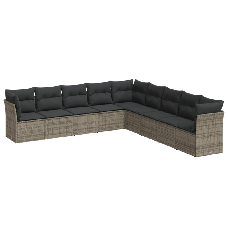 9-delige Loungeset met kussens poly rattan grijs