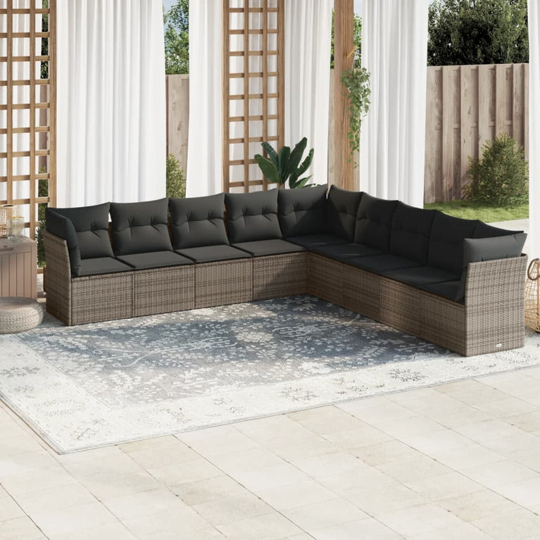 9-delige Loungeset met kussens poly rattan grijs