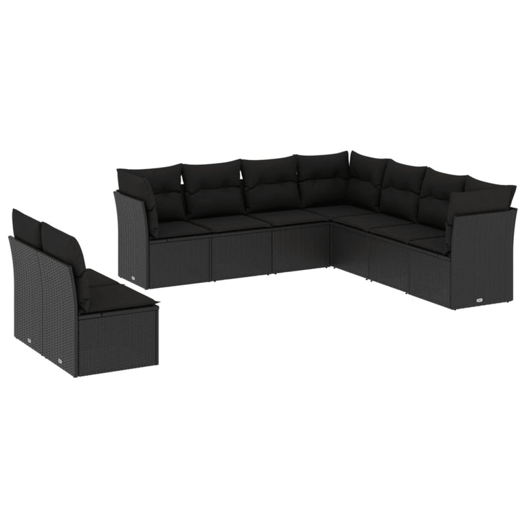 9-delige Loungeset met kussens poly rattan zwart