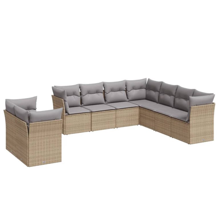 9-delige Loungeset met kussens poly rattan beige