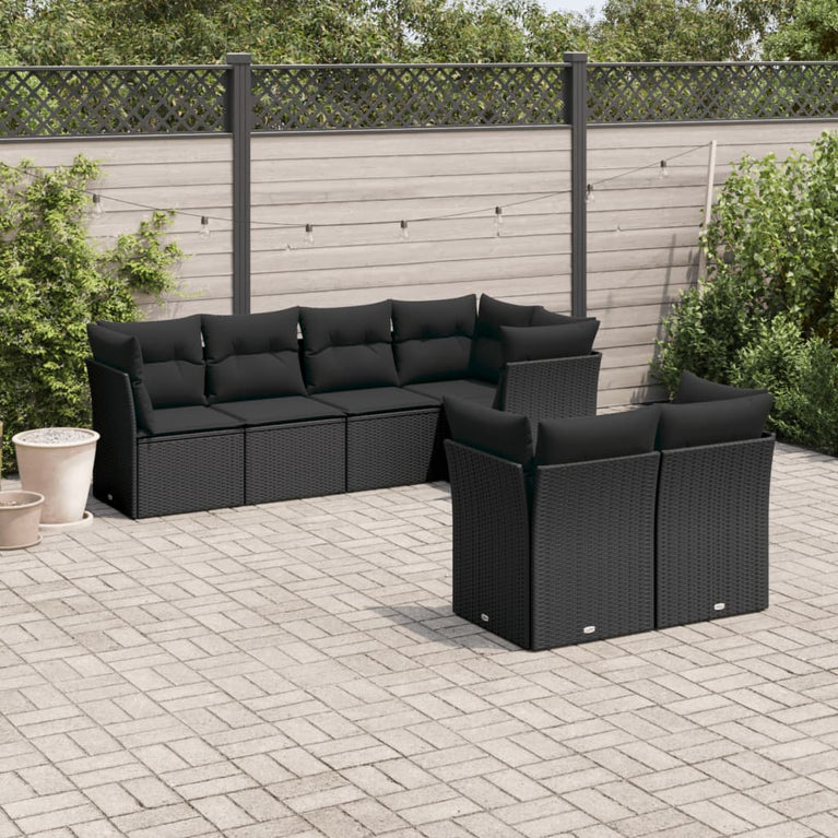 7-delige Loungeset met kussens poly rattan zwart