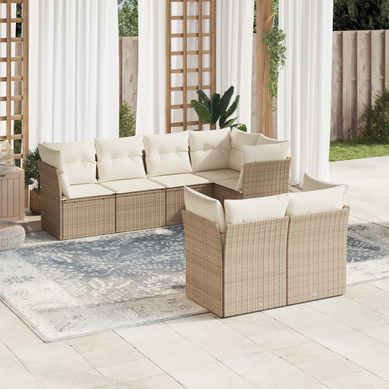 7-delige Loungeset met kussens poly rattan beige