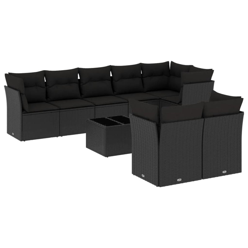 9-delige Loungeset met kussens poly rattan zwart