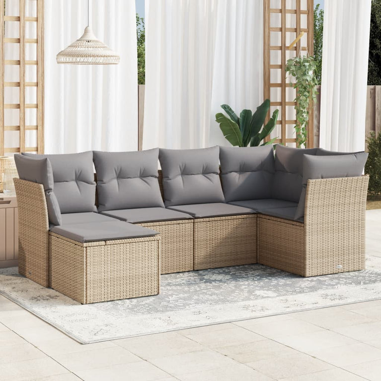 6-delige Loungeset met kussens poly rattan beige