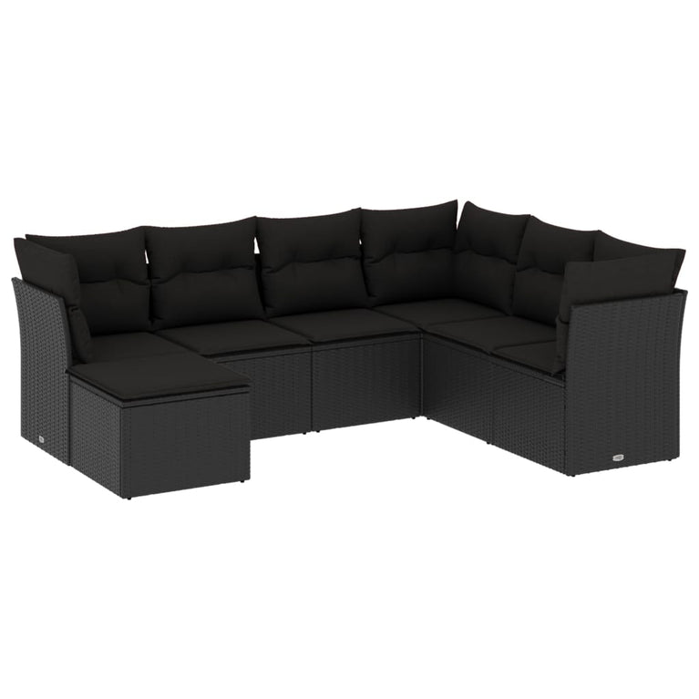 7-delige Loungeset met kussens poly rattan zwart
