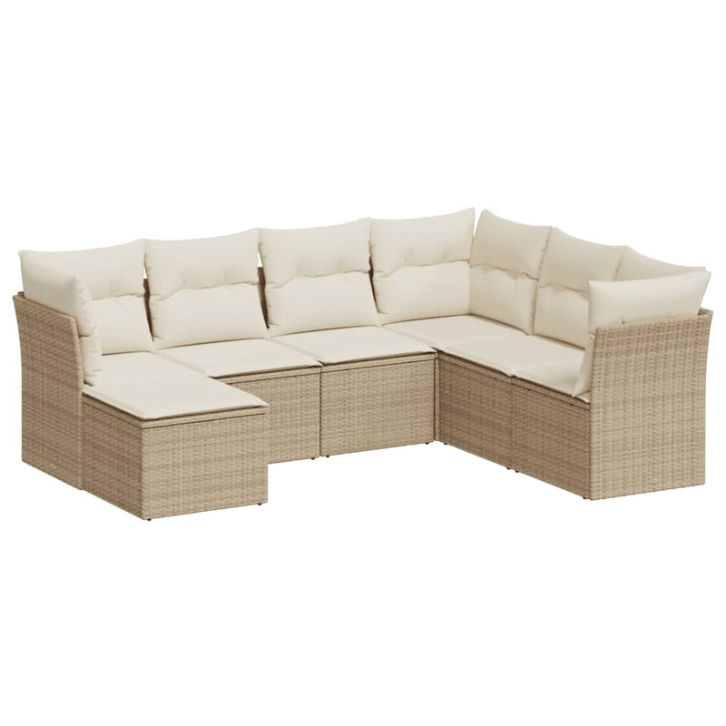 7-delige Loungeset met kussens poly rattan beige