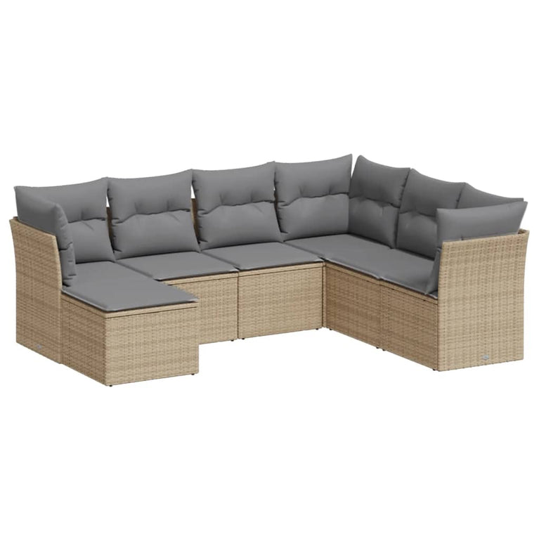 7-delige Loungeset met kussens poly rattan beige