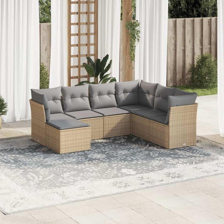 7-delige Loungeset met kussens poly rattan beige