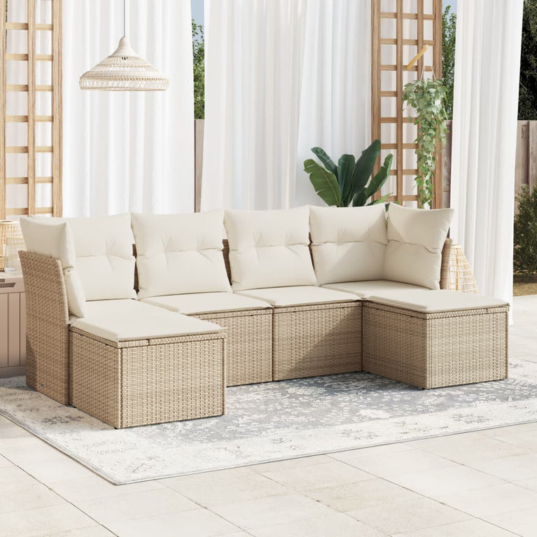 6-delige Loungeset met kussens poly rattan beige