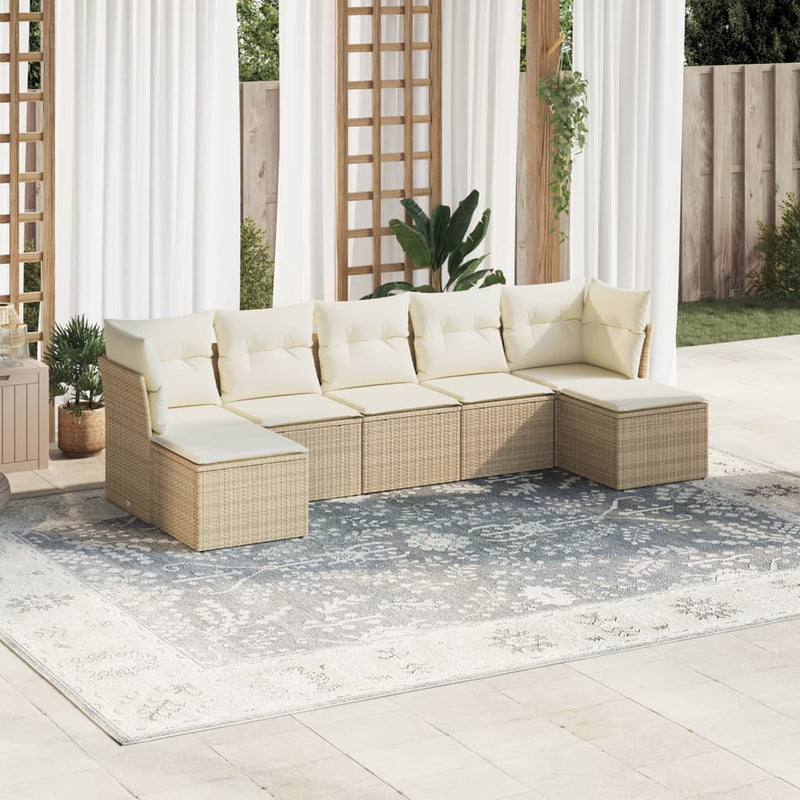 7-delige Loungeset met kussens poly rattan beige