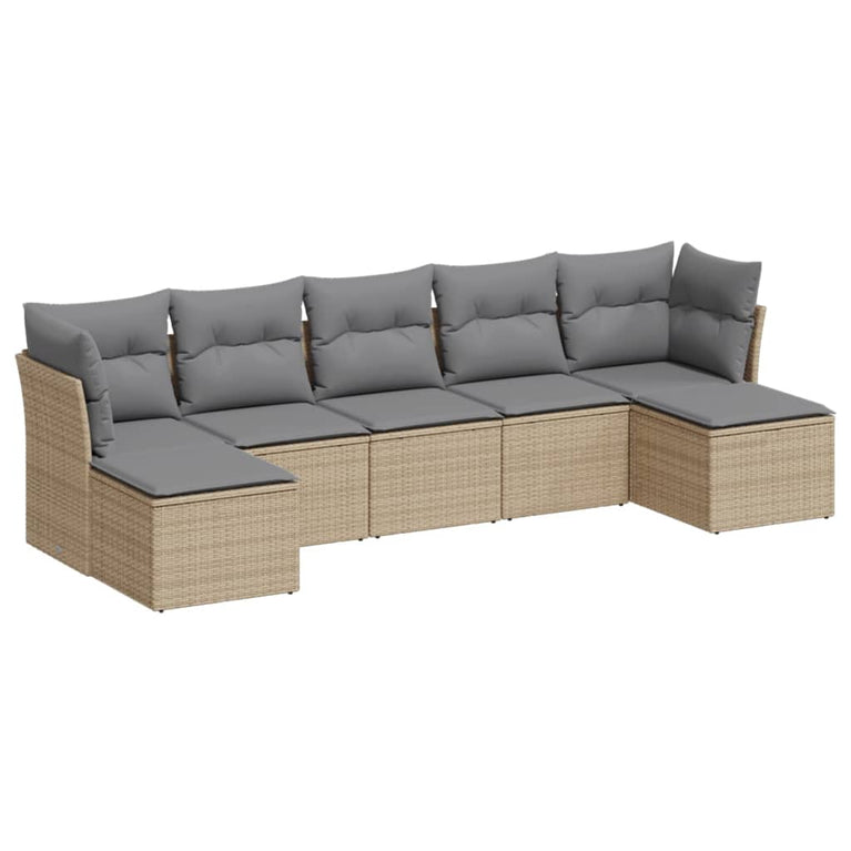 7-delige Loungeset met kussens poly rattan beige