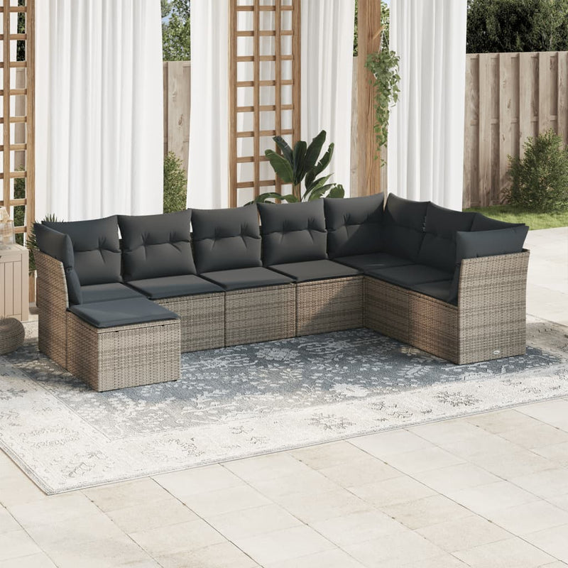 8-delige Loungeset met kussens poly rattan grijs