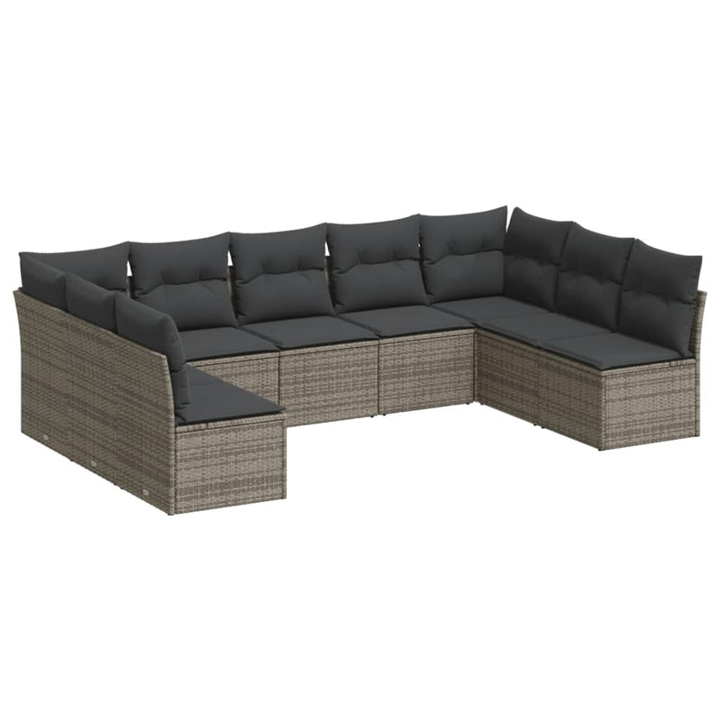 9-delige Loungeset met kussens poly rattan grijs