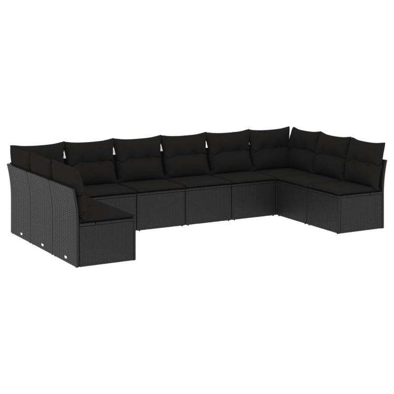 10-delige Loungeset met kussens poly rattan zwart