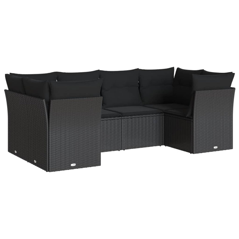 6-delige Loungeset met kussens poly rattan zwart