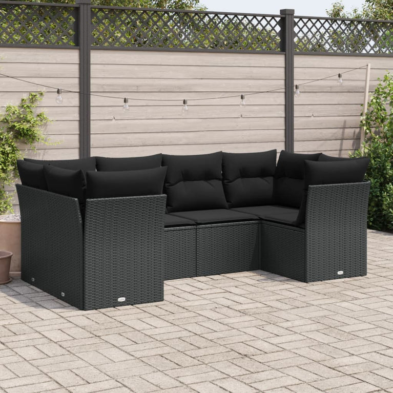 6-delige Loungeset met kussens poly rattan zwart