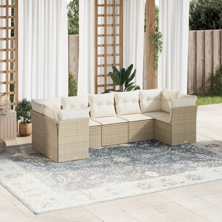 7-delige Loungeset met kussens poly rattan beige