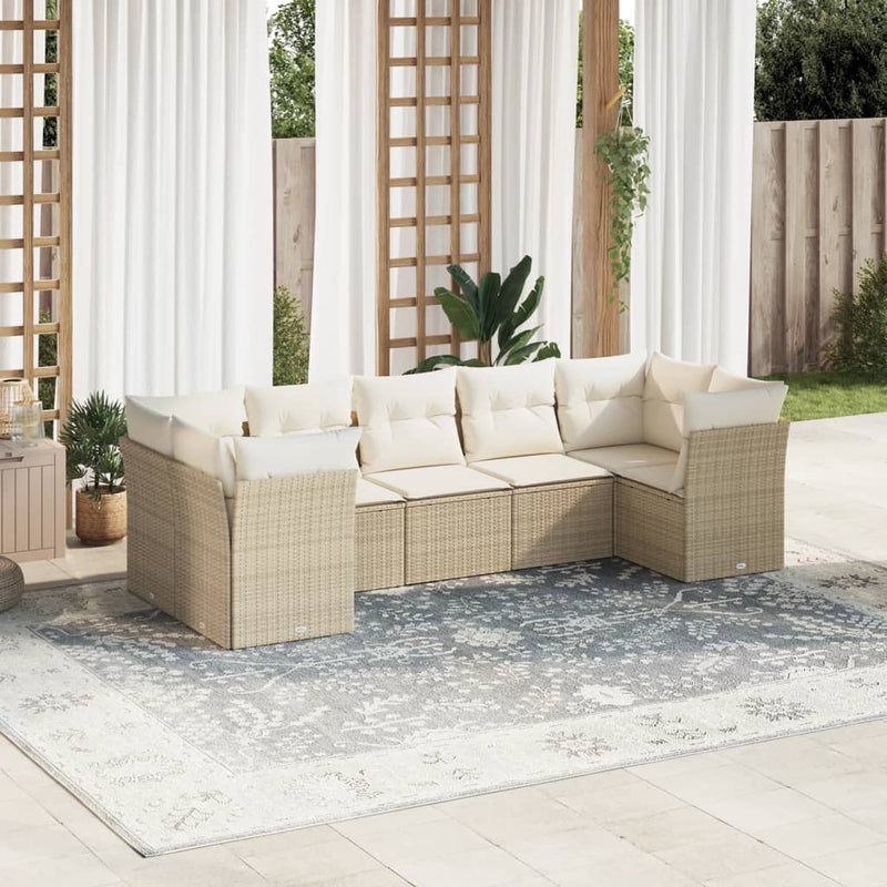 7-delige Loungeset met kussens poly rattan beige