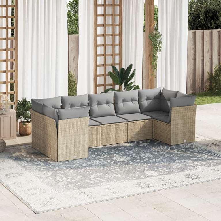 7-delige Loungeset met kussens poly rattan beige