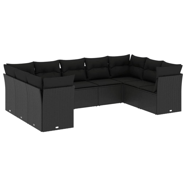 9-delige Loungeset met kussens poly rattan zwart