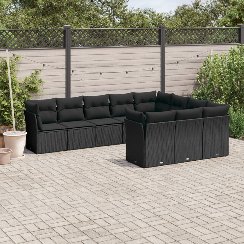 10-delige Loungeset met kussens poly rattan zwart