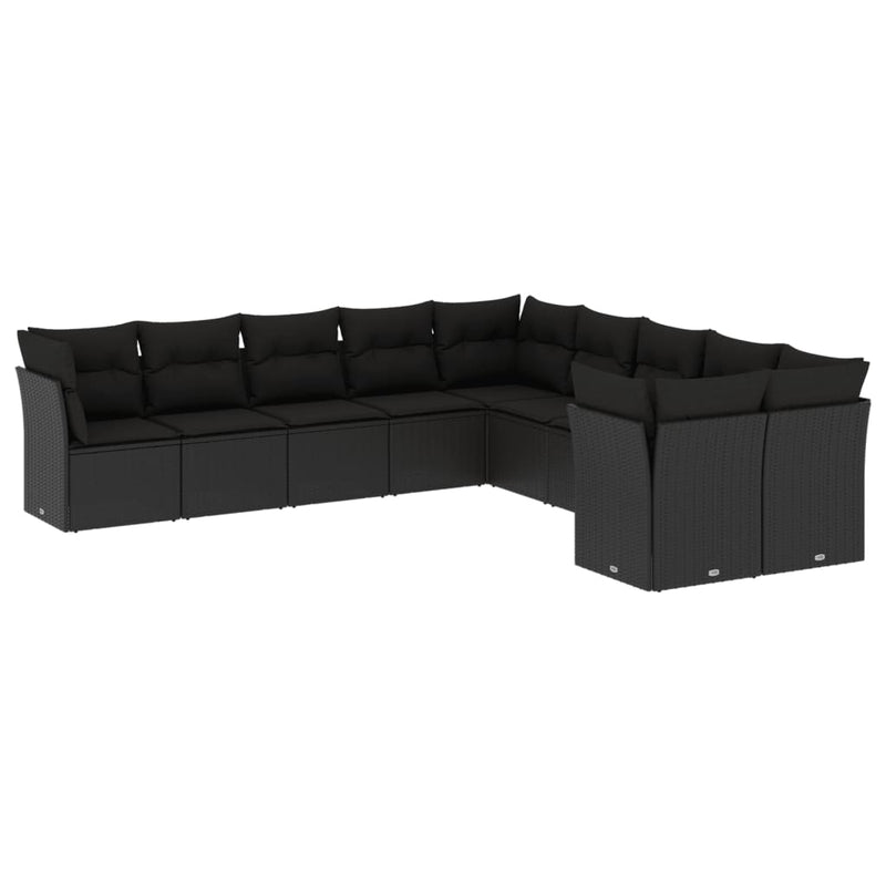 10-delige Loungeset met kussens poly rattan zwart
