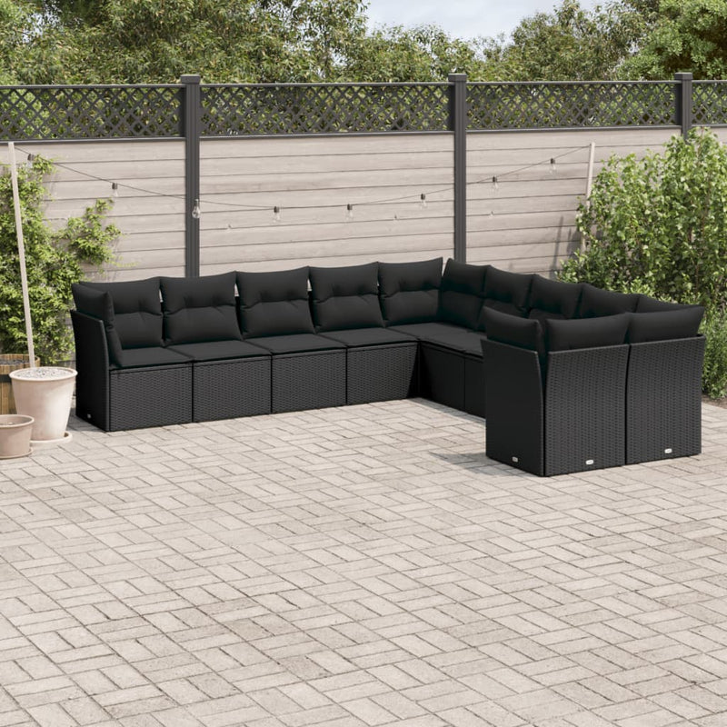 10-delige Loungeset met kussens poly rattan zwart