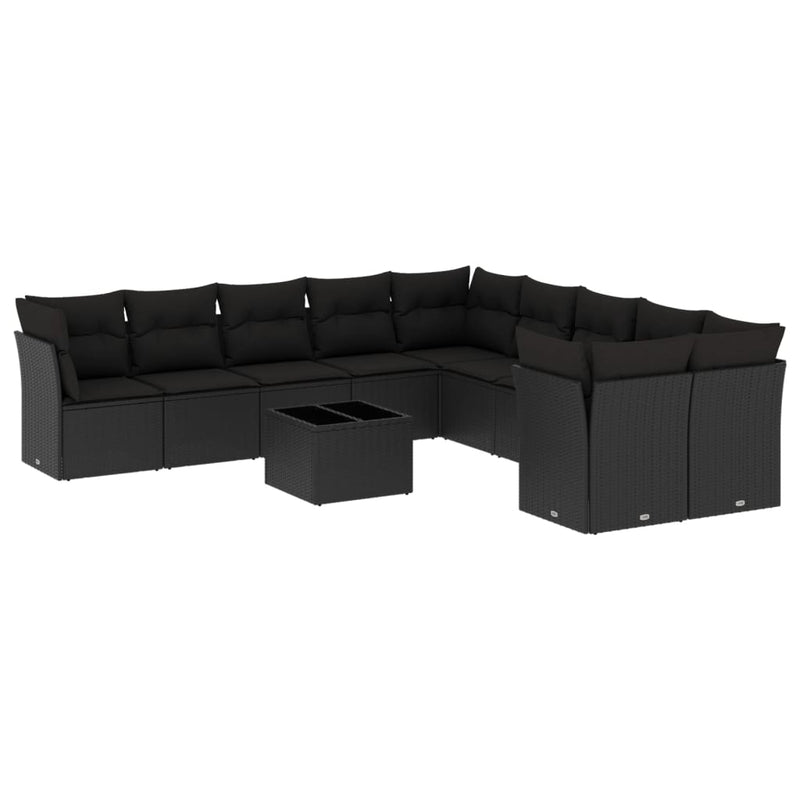 11-delige Loungeset met kussens poly rattan zwart