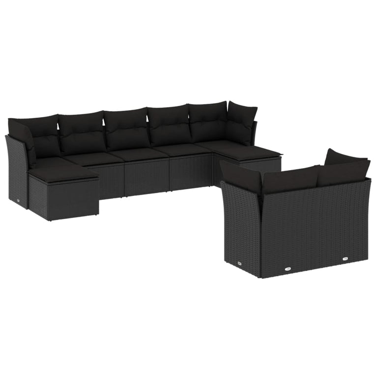 9-delige Loungeset met kussens poly rattan zwart