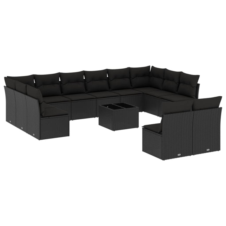 13-delige Loungeset met kussens poly rattan zwart