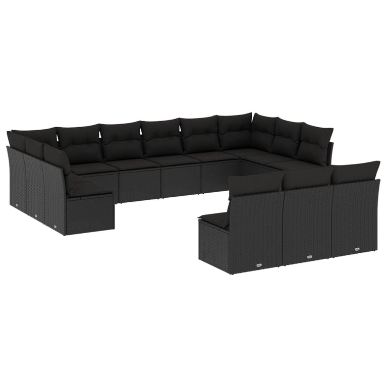 13-delige Loungeset met kussens poly rattan zwart