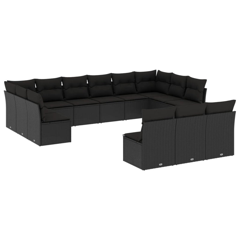 13-delige Loungeset met kussens poly rattan zwart