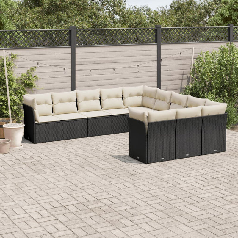 11-delige Loungeset met kussens poly rattan zwart