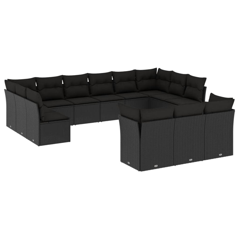 13-delige Loungeset met kussens poly rattan zwart