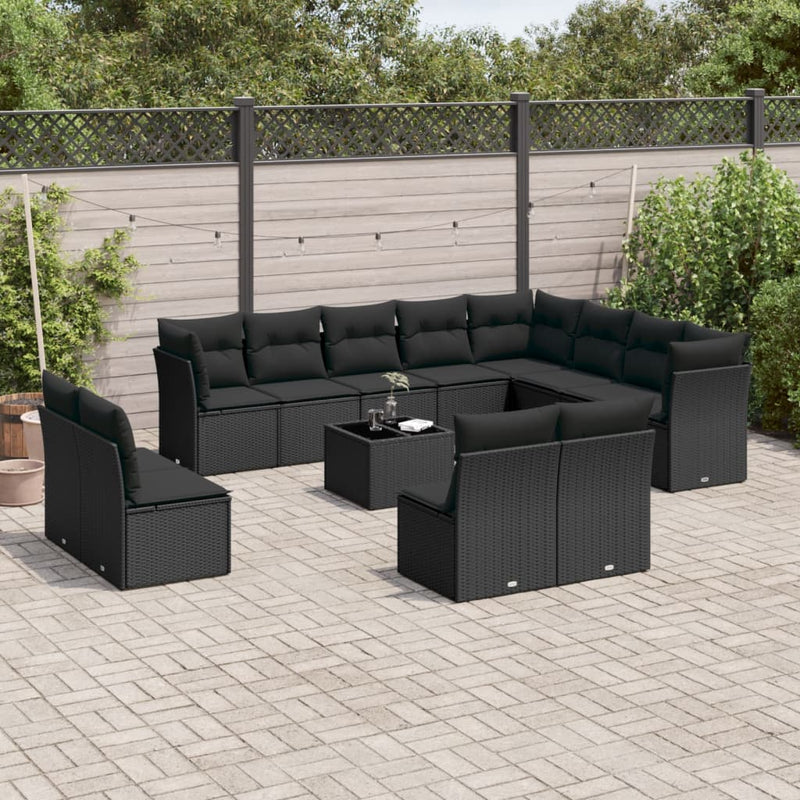 13-delige Loungeset met kussens poly rattan zwart
