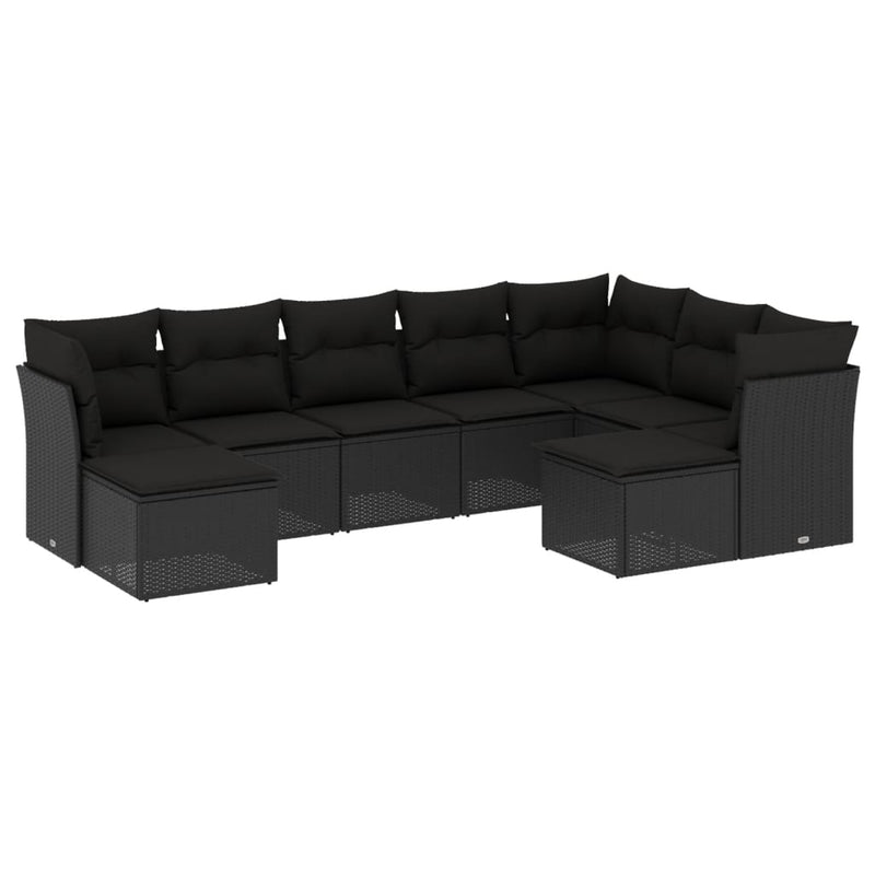 9-delige Loungeset met kussens poly rattan zwart