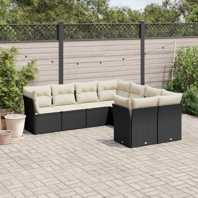 8-delige Loungeset met kussens poly rattan zwart