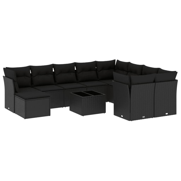 11-delige Loungeset met kussens poly rattan zwart