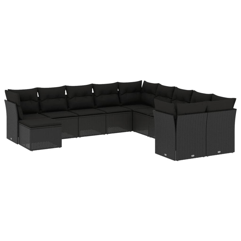 11-delige Loungeset met kussens poly rattan zwart