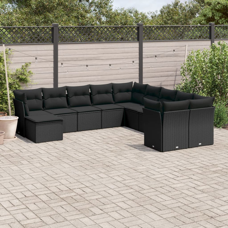 11-delige Loungeset met kussens poly rattan zwart
