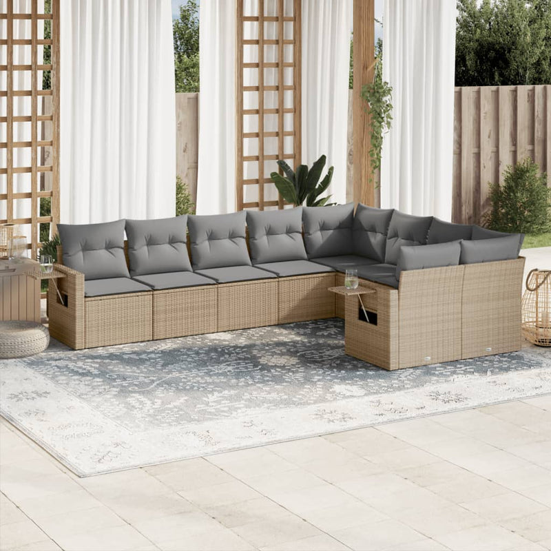 9-delige Loungeset met kussens poly rattan beige